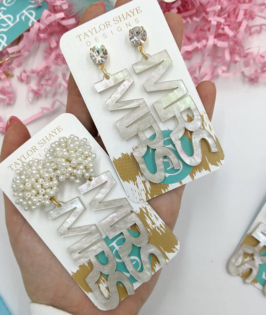 "Mrs" Shimmer Bridal Earrings w/CZ Top