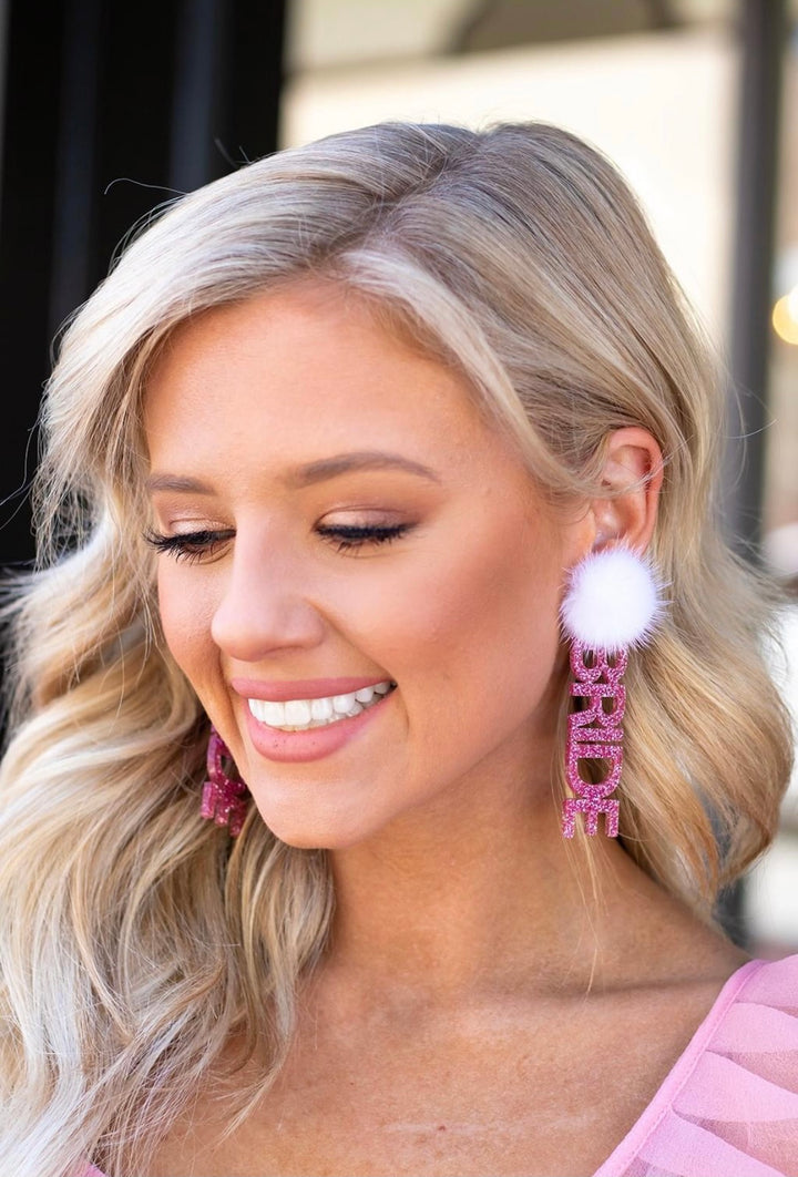Barbie Pink Glitter Bride Earrings w/White Puff Top
