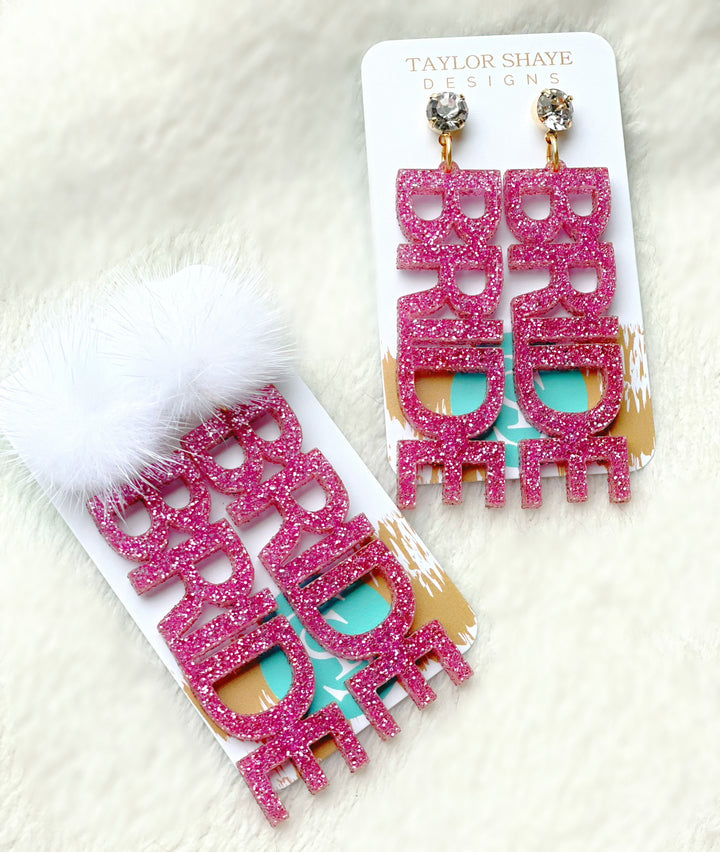 Barbie Pink Glitter Bride Earrings w/White Puff Top