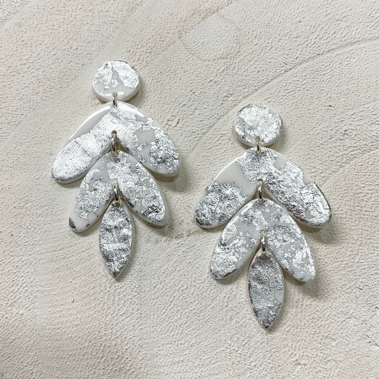 White & Silver Foil Large Clay Earrings