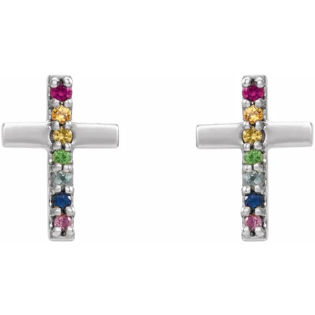 Sterling Silver Multi-Gemstone Cross Earrings